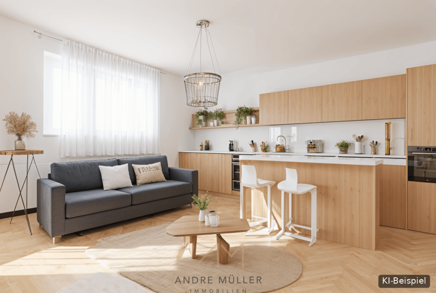 Wohnzimmer mit Küche-KI